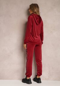 Renee - Bordowy 2-częściowy Welurowy Komplet Dresowy z Lampasami Vofru. Kolor: czerwony. Materiał: dresówka, welur. Wzór: aplikacja