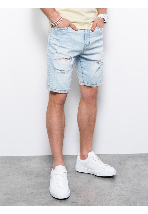 Ombre Clothing - Krótkie spodenki męskie jeansowe - jasnoniebieskie W304 - XXL. Kolor: niebieski. Materiał: jeans. Długość: krótkie. Wzór: aplikacja