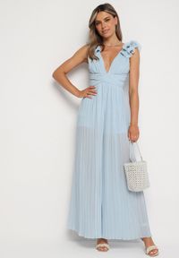 Born2be - Niebieski Plisowany Kombinezon Koktajlowy Ozdobiony Falbanami z Szerokimi Nogawkami Frelfrea. Kolor: niebieski. Materiał: materiał. Wzór: aplikacja. Styl: wizytowy #6