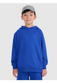 4f - 4F Bluza dresowa nierozpinana z kapturem chłopięca - niebieska 158 (12-13 lat). Okazja: na co dzień. Typ kołnierza: kaptur. Kolor: niebieski. Materiał: dresówka. Wzór: gładki, ze splotem. Sezon: lato. Styl: sportowy, casual, młodzieżowy #1