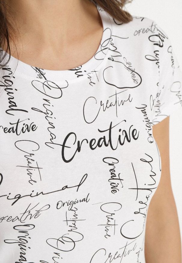 Born2be - Biały T-shirt z Bawełny Zdobiony Nadrukiem z Napisami Mirindela. Okazja: na co dzień. Kolor: biały. Materiał: bawełna. Wzór: nadruk, aplikacja, napisy. Styl: elegancki, casual, klasyczny