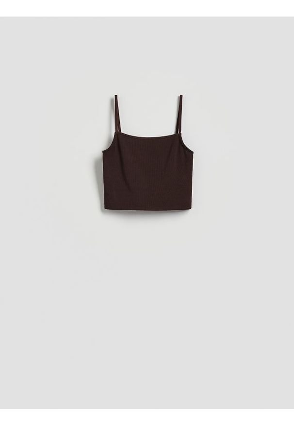 Reserved - Krótki top na ramiączkach - brązowy. Kolor: brązowy. Materiał: dzianina, bawełna. Długość rękawa: na ramiączkach. Długość: krótkie