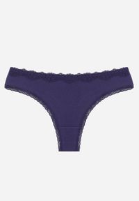 Born2be - Granatowe Majtki z Bawełną Typu Stringi Ozdobione Koronką Cirilise. Kolor: niebieski. Materiał: bawełna, koronka. Wzór: aplikacja, koronka #1