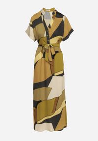 Born2be - Zielona Sukienka Rozkloszowana z Wiskozy w Geometryczny Wzór z Paskiem Ranislla. Okazja: na co dzień. Typ kołnierza: dekolt w serek. Kolor: zielony. Materiał: wiskoza. Długość rękawa: krótki rękaw. Wzór: geometria. Styl: casual, elegancki #2