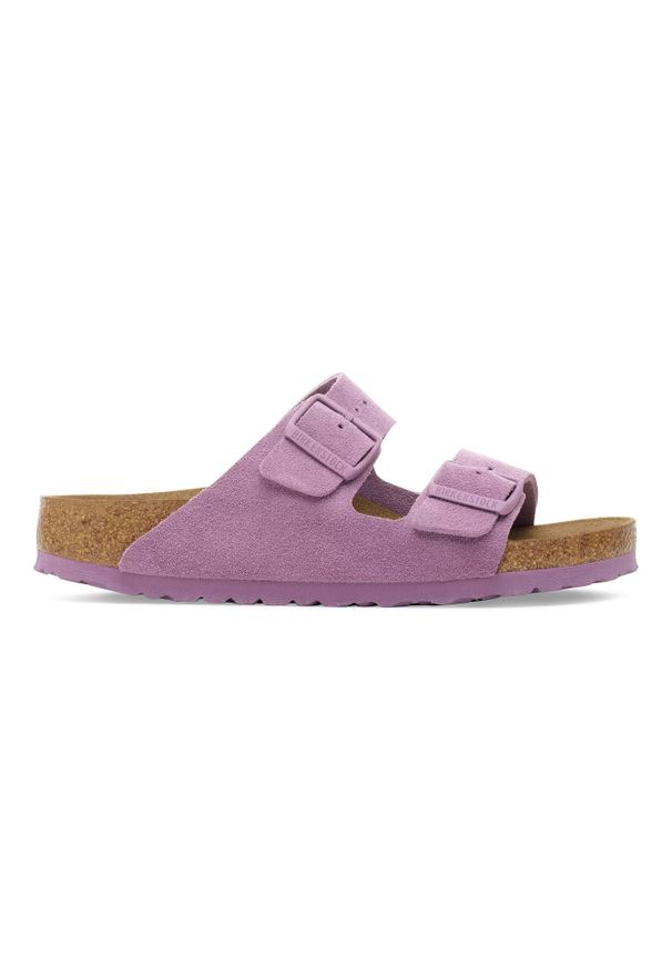 Birkenstock Arizona Suede Leather Klapki damskie. Okazja: na co dzień. Kolor: różowy. Materiał: zamsz, skóra. Wzór: paski. Styl: casual, elegancki, wakacyjny, klasyczny