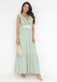 Born2be - Miętowa Sukienka Maxi z Marszczoną Gumką w Pasie i Wiązaniem na Plecach Vaida. Typ kołnierza: kołnierz z falbankami. Kolor: miętowy. Długość rękawa: bez rękawów. Długość: maxi #2