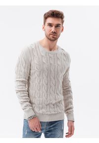 Ombre Clothing - Sweter męski z warkoczowym splotem - kremowy V1 E195 - XXL. Okazja: na co dzień. Kolor: biały. Materiał: jeans, bawełna, akryl. Wzór: ze splotem. Styl: klasyczny, casual, elegancki #3