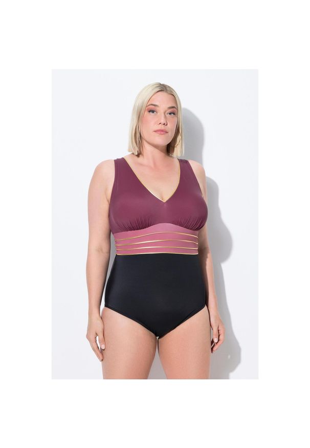 ULLA POPKEN - Damski Strój kąpielowy złota lamówka miękkie miseczki dekolt w serek. Kolekcja: plus size. Kolor: czarny. Materiał: poliamid, poliester, materiał, elastan