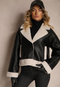 Renee - Czarna Kurtka Biker w Stylu Ramoneski z Futrzanym Ociepleniem Nikinia. Okazja: na co dzień. Kolor: czarny. Materiał: futro. Styl: klasyczny, casual, elegancki