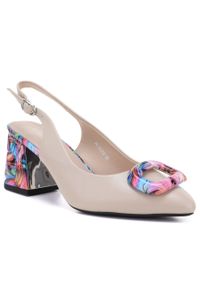 Czółenka na ozdobnym obcasie beżowe Vinceza 62278. Kolor: beżowy. Materiał: skóra ekologiczna. Obcas: na obcasie. Styl: elegancki. Wysokość obcasa: średni #1