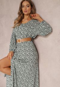 Renee - Biało-Zielona Sukienka Hyrathe. Kolor: zielony. Materiał: tkanina. Wzór: aplikacja, kwiaty, nadruk. Styl: elegancki. Długość: maxi #5