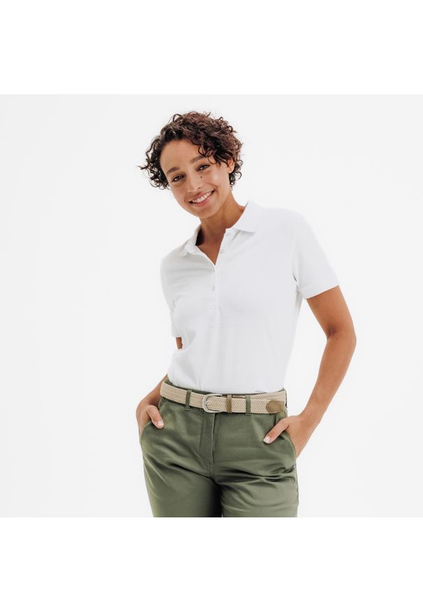 INESIS - Koszulka polo do golfa z krótkim rękawem damska Inesis MW500. Typ kołnierza: golf, polo. Kolor: biały. Materiał: poliester, materiał, bawełna. Długość rękawa: krótki rękaw. Długość: krótkie. Wzór: ze splotem. Styl: elegancki, sportowy, klasyczny