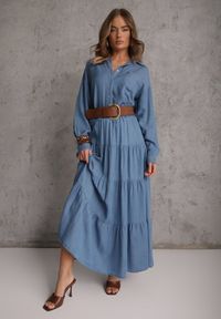 Renee - Niebieska Spódnica Rozkloszowana z Lyocellu High Waist Ozdobiona Falbanami Ravienne. Stan: podwyższony. Kolor: niebieski. Materiał: prążkowany, materiał. Wzór: aplikacja. Sezon: lato #1