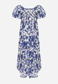 Born2be - Niebieska Rozkloszowana Sukienka z Wiskozy z Bufiastymi Rękawami w Roślinny Wzór Semea. Okazja: do pracy, na co dzień, na spotkanie biznesowe. Kolor: niebieski. Materiał: wiskoza. Sezon: lato. Typ sukienki: proste, rozkloszowane. Styl: biznesowy, casual. Długość: maxi #4