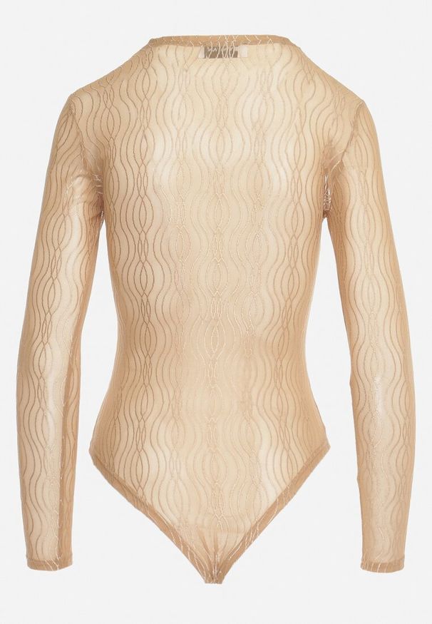 Born2be - Beżowe Siateczkowe Body z Okrągłym Dekoltem i Metalicznym Zdobieniem Jorunna. Kolor: beżowy. Wzór: aplikacja