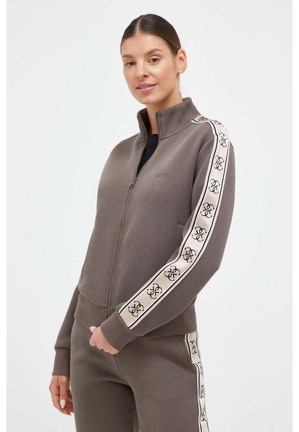 Guess bluza damska kolor brązowy z aplikacją. Okazja: na co dzień. Kolor: brązowy. Wzór: aplikacja. Styl: casual