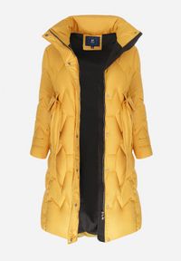 Born2be - Żółta Kurtka z Paskiem i Saszetką Pikowana Długa Phinare. Kolor: żółty. Materiał: materiał. Długość: długie. Wzór: aplikacja #4