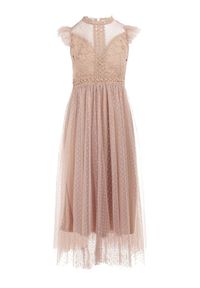 Born2be - Beżowa Sukienka Clymotis. Typ kołnierza: kołnierz z falbankami, kołnierzyk stójkowy. Kolor: beżowy. Materiał: koronka. Długość rękawa: bez rękawów. Długość: midi #2