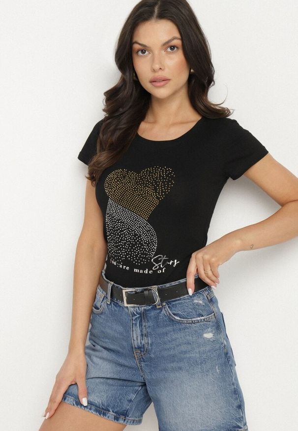 Born2be - Czarny Bawełniany T-shirt Ozdobiony Cyrkoniami i Napisem Divera. Okazja: na co dzień. Kolor: czarny. Materiał: bawełna. Wzór: aplikacja, napisy. Styl: klasyczny, casual