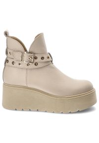 Beżowe Botki Armodo Damskie Obuwie Ze Skóry Naturalnej. Okazja: na co dzień, na spacer. Kolor: beżowy. Materiał: skóra. Obcas: na platformie. Styl: casual, elegancki #4