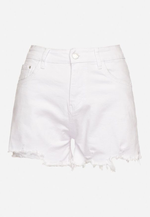 Born2be - Białe Bawełniane Szorty Jeansowe z Wysoki Stanem i Poszarpanymi Nogawkami Vimandra. Okazja: na co dzień. Stan: podwyższony. Kolor: biały. Materiał: jeans, bawełna. Styl: klasyczny, casual, elegancki