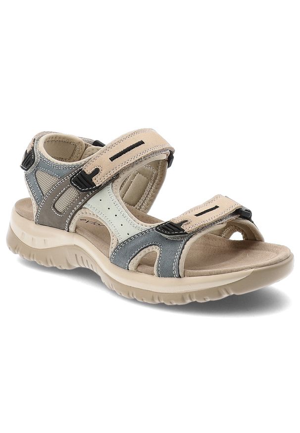 Sandały damskie McKeylor, cholewka ze skóry naturalnej regulowane paski na rzepy płaska podeszwa, beżowo niebieskie, 95414. Okazja: na co dzień, na spacer. Zapięcie: rzepy. Kolor: beżowy. Materiał: skóra. Wzór: paski. Sezon: lato. Obcas: na płaskiej podeszwie. Styl: elegancki, wakacyjny, casual