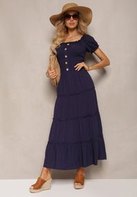 Renee - Granatowa Rozkloszowana Sukienka Maxi z Hiszpańskim Dekoltem Kailra. Kolor: niebieski. Długość: maxi