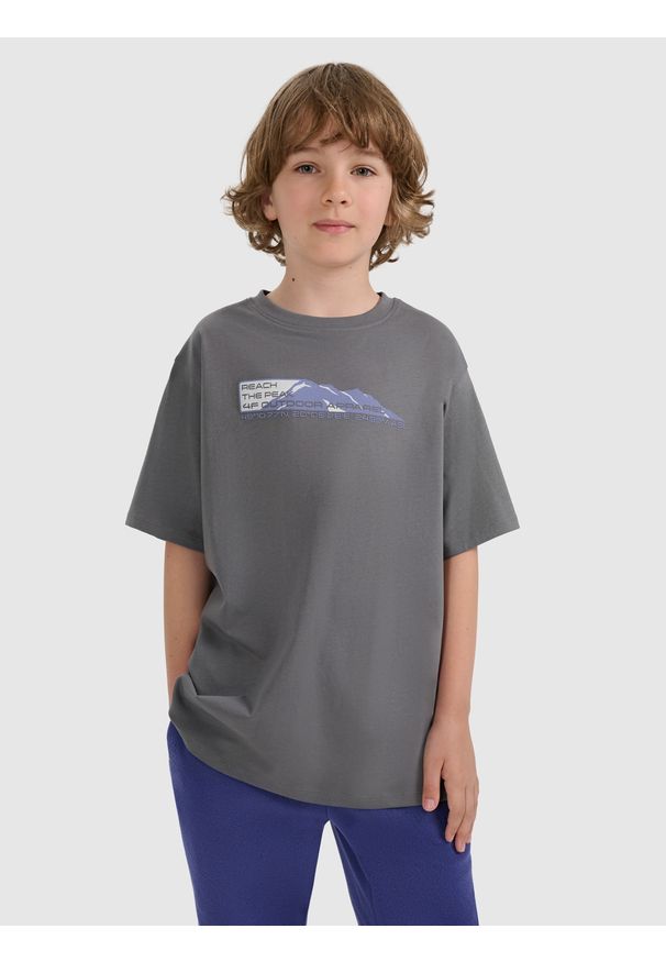 4f - 4F T-shirt oversize z nadrukiem chłopięcy - szary 164 (13-14 lat). Okazja: na co dzień, na uczelnię. Kolor: szary. Materiał: dzianina, materiał, dresówka, bawełna, skóra, jeans. Wzór: nadruk. Sezon: lato. Styl: casual