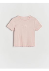 Reserved - T-shirt z haftem - brudny róż. Kolor: różowy. Materiał: bawełna. Wzór: haft