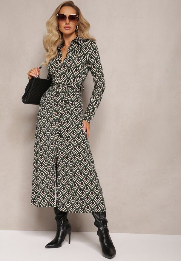 Renee - Zielona Koszulowa Sukienka Maxi w Geometryczny Wzór z Paskiem Oniufe. Kolor: zielony. Materiał: materiał, tkanina. Wzór: geometria. Typ sukienki: koszulowe. Długość: maxi