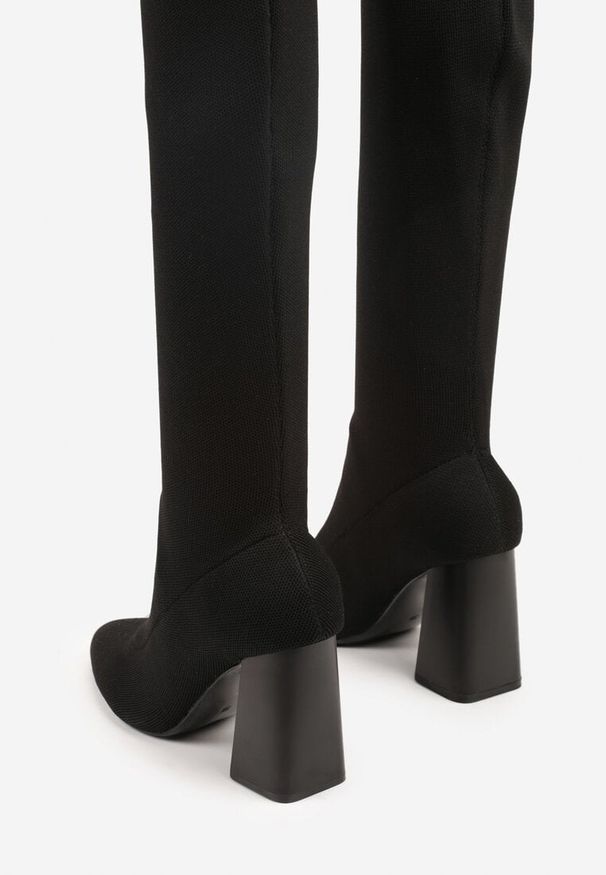 Renee - Czarne Kozaki Vices za Kolano na Słupku ze Skarpetkową Cholewką Neliannea. Okazja: na randkę. Wysokość cholewki: za kolano. Kolor: czarny. Szerokość cholewki: normalna. Obcas: na słupku. Styl: elegancki. Wysokość obcasa: średni