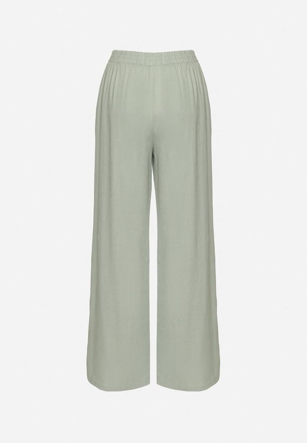 Born2be - Zielone Szerokie Spodnie z Lnem z Gumką w Talii i Kieszeniami Filisela. Okazja: na co dzień, do pracy. Kolor: zielony. Materiał: len. Styl: casual, elegancki