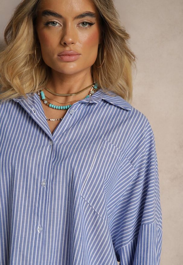 Renee - Niebieska Koszula z Bawełny o Kroju Oversize w Prążki ze Ściągaczem w Pasie Neoritia. Okazja: do pracy. Kolor: niebieski. Materiał: bawełna. Wzór: prążki. Styl: elegancki