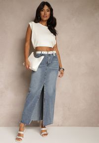 Renee - Niebieska Spódnica Jeansowa o Ołówkowym Kroju Zdobiona Rozcięciem Lisovira. Stan: podwyższony. Kolor: niebieski. Materiał: jeans. Wzór: aplikacja. Styl: elegancki