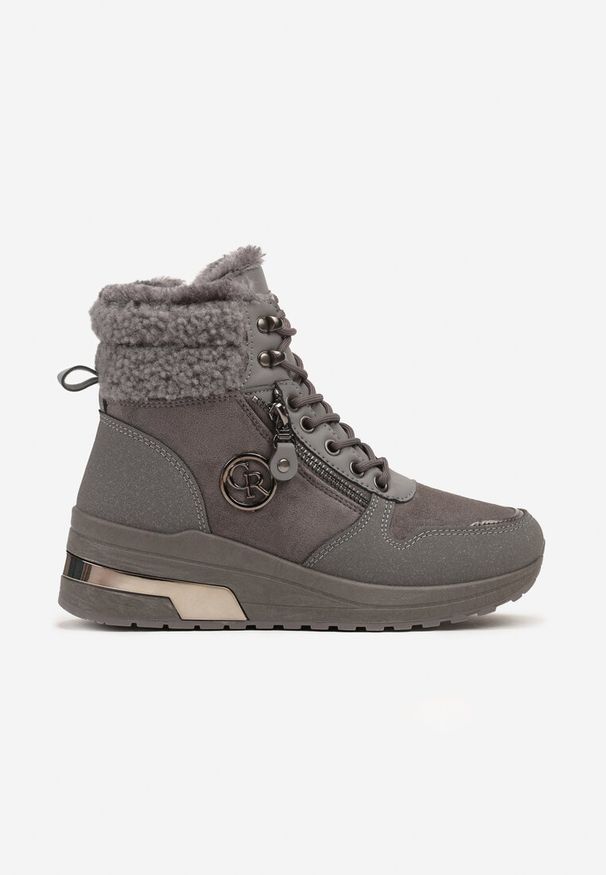 Born2be - Szare Sneakersy na Koturnie z Wysoką Cholewką Aplikacją i Futerkiem Typu Baranek Sinirithe. Wysokość cholewki: przed kolano. Kolor: szary. Materiał: futro. Szerokość cholewki: normalna. Wzór: aplikacja. Obcas: na koturnie