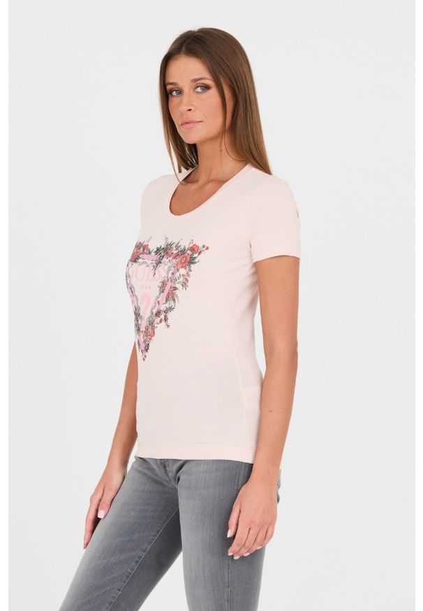 Guess - GUESS Różowy damski t-shirt bawełniany z logo, Rozmiar S. Kolor: różowy. Materiał: bawełna. Wzór: nadruk