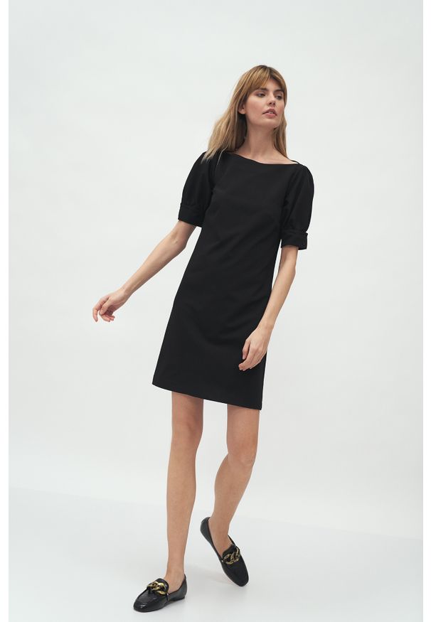 Nife - Krótka Sukienka z Bufkami - Czarna. Kolor: czarny. Materiał: poliester, elastan, wiskoza. Długość: mini