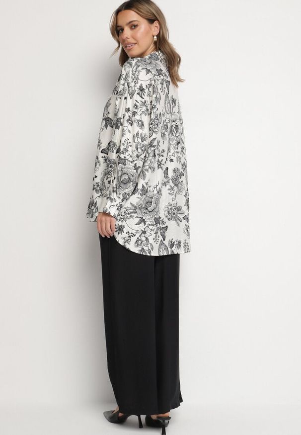 Born2be - Czarny Komplet Wiskozowy z Koszulą w Kwiaty i Szerokimi Spodniami Hanalore. Kolor: czarny. Materiał: wiskoza. Wzór: kwiaty