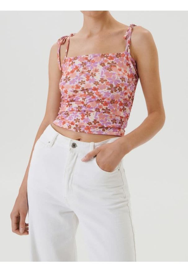 Sinsay - Top na ramiączkach z wiązaniami i kwiatowym wzorem - wielobarwny. Długość rękawa: na ramiączkach. Wzór: kwiaty