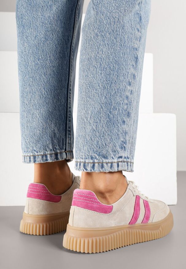 Born2be - Beżowo-Fuksjowe Skórzane Sneakersy Klasyczne Tenisówki z Zamszu Naturalnego Teniresela. Okazja: na co dzień. Kolor: beżowy. Materiał: skóra, zamsz