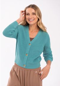 Volcano - Krótki kardigan S-MELA. Typ kołnierza: dekolt w kształcie V. Kolor: miętowy. Materiał: akryl, bawełna, materiał. Długość: krótkie. Wzór: ze splotem #1
