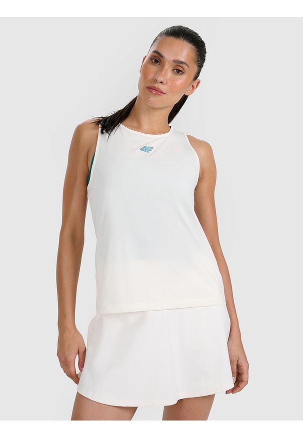 4f - 4F Top tenisowy regular szybkoschnący damski - beżowy XS. Kolor: beżowy. Materiał: dzianina, włókno, syntetyk, materiał. Długość rękawa: na ramiączkach. Wzór: gładki, ze splotem. Sport: tenis