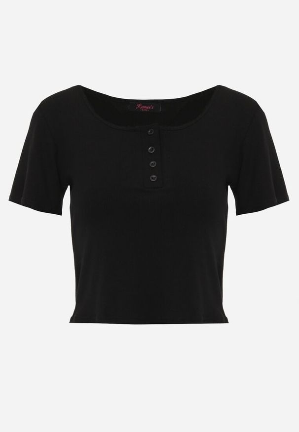 Renee - Czarny Top z Bawełny Ozdobiony Guzikami przy Dekolcie Nediva. Okazja: na co dzień. Kolor: czarny. Materiał: bawełna. Wzór: aplikacja. Styl: casual