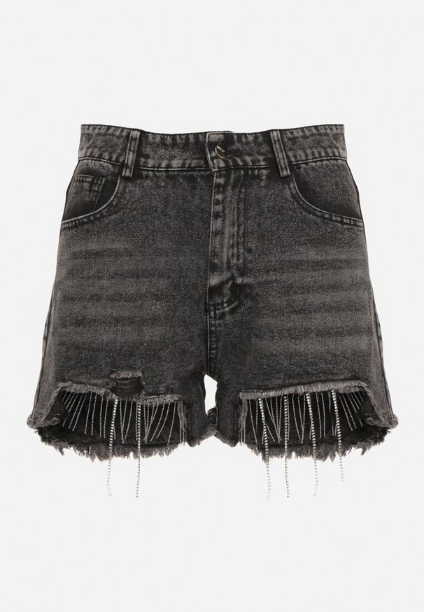 Born2be - Czarne Bawełniane Szorty Jeansowe z Wysokim Stanem i Cyrkoniami Noemelba. Okazja: na co dzień. Stan: podwyższony. Kolor: czarny. Materiał: bawełna, jeans. Wzór: aplikacja. Styl: casual, klasyczny