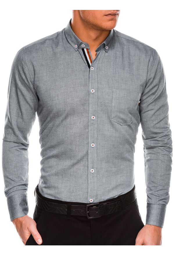 Ombre Clothing - Koszula męska z kontrastową plisą REGULAR FIT K490 - szara - L. Typ kołnierza: button down. Kolor: szary. Materiał: bawełna, tkanina, poliester. Długość rękawa: długi rękaw. Długość: długie. Styl: elegancki