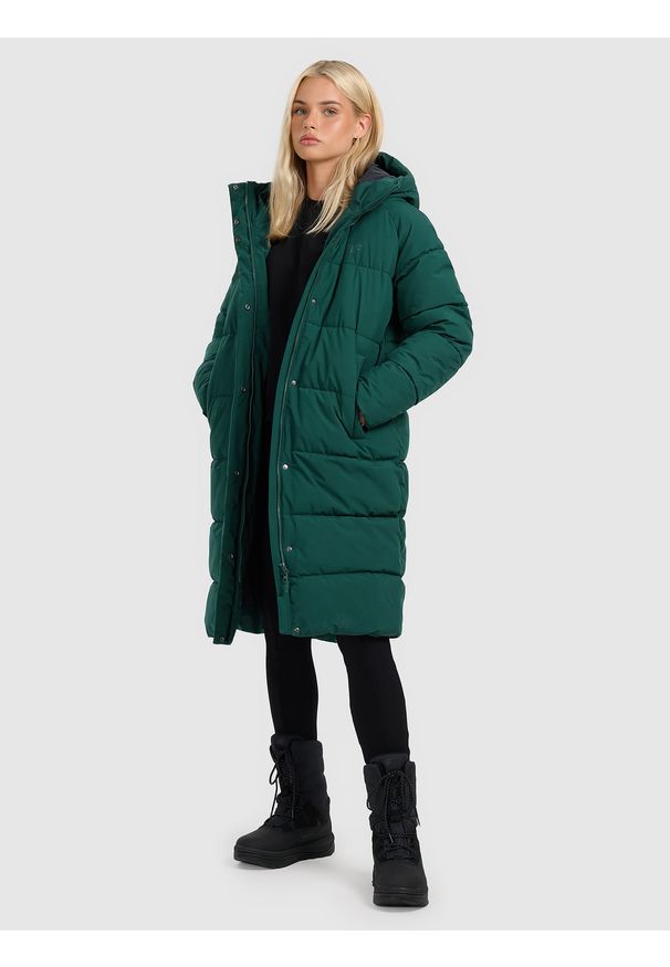 4f - 4F Płaszcz puchowy z wypełnieniem syntetycznym damski - zielony XL. Kolor: zielony. Materiał: puch, syntetyk. Długość rękawa: raglanowy rękaw. Długość: do kolan. Sezon: zima