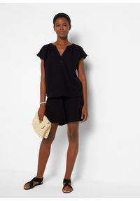 bonprix - Bluzka muślinowa z krótkim rękawem, z czystej bawełny. Typ kołnierza: dekolt w serek. Kolor: czarny. Materiał: bawełna. Długość rękawa: krótki rękaw. Długość: krótkie #2