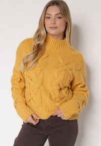 Born2be - Żółty Golf z Domieszką Wełny Zdobiony Oryginalnym Splotem Fedwira. Okazja: na co dzień, do pracy, na spotkanie biznesowe. Typ kołnierza: golf. Kolor: żółty. Materiał: wełna. Wzór: aplikacja, ze splotem. Sezon: zima, jesień. Styl: biznesowy, klasyczny, casual #3