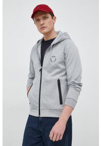 Boss Green - BOSS bluza BOSS GREEN męska kolor szary z kapturem z nadrukiem. Typ kołnierza: kaptur. Kolor: szary. Materiał: poliester. Długość rękawa: raglanowy rękaw. Wzór: nadruk