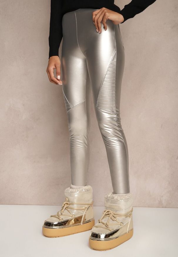 Renee - Srebrne Spodnie z Ekoskóry Skinny High Waist Ocieplane Polarową Wyściółką Lavimi. Okazja: na co dzień, na spacer. Stan: podwyższony. Kolor: srebrny. Materiał: polar. Wzór: aplikacja. Styl: casual, elegancki